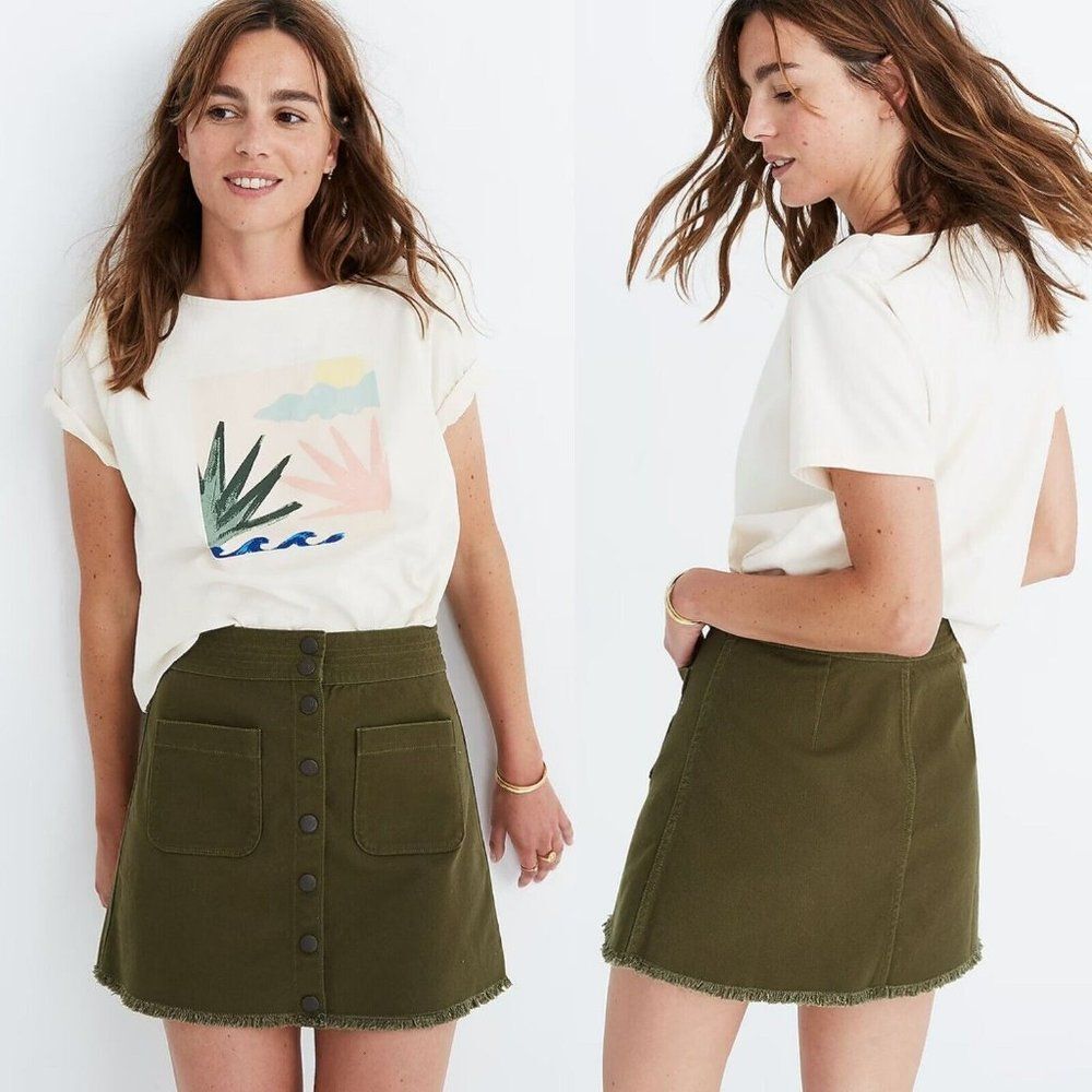 Madewell Raw Hem Button Front A-line Utility Denim Mini Skirt in Kale | Size 14